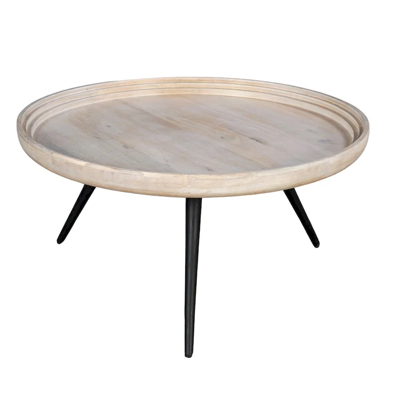 Urban Chic Coffee Table 30 Inch Round Tray Top, Handcrafted Washed White Mango Wood