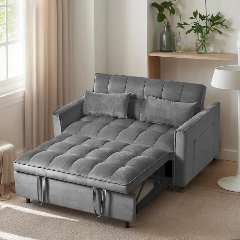 Modern Velvet Loveseat Futon Sofa Couch Pullout Bed, Small Love Seat Lounge Sofa w/Reclining Backrest, Toss Pillows, Pockets