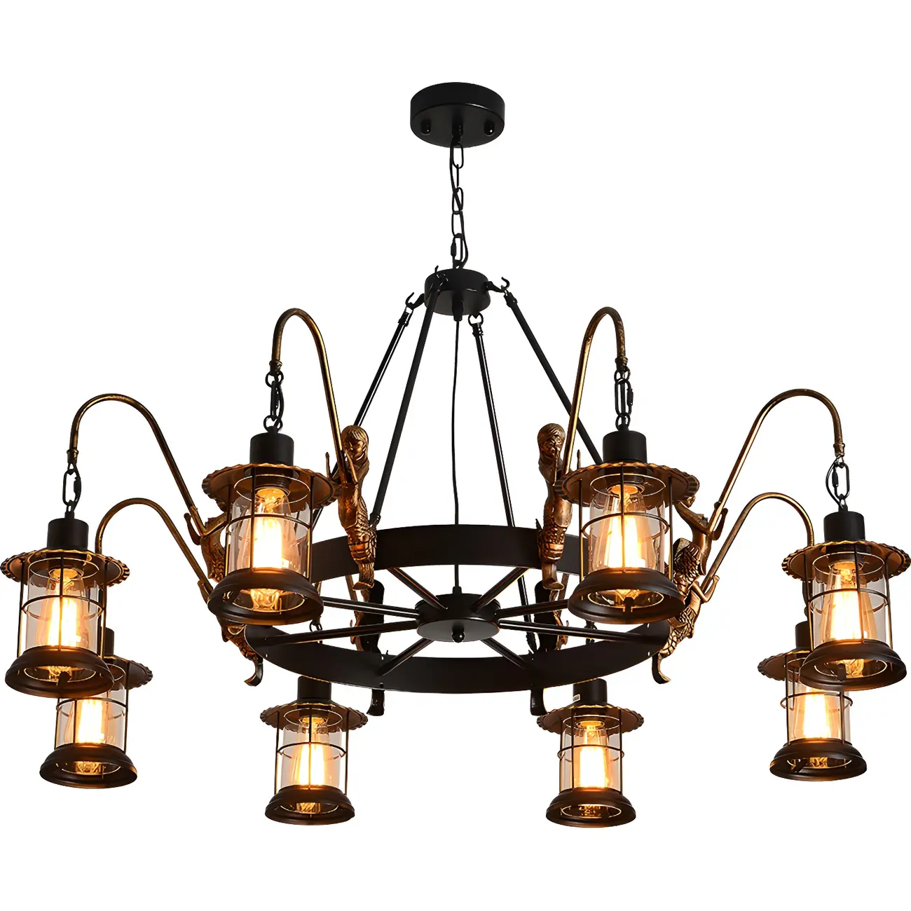 Industrial Black Metal Lantern Wheel Chandelier
