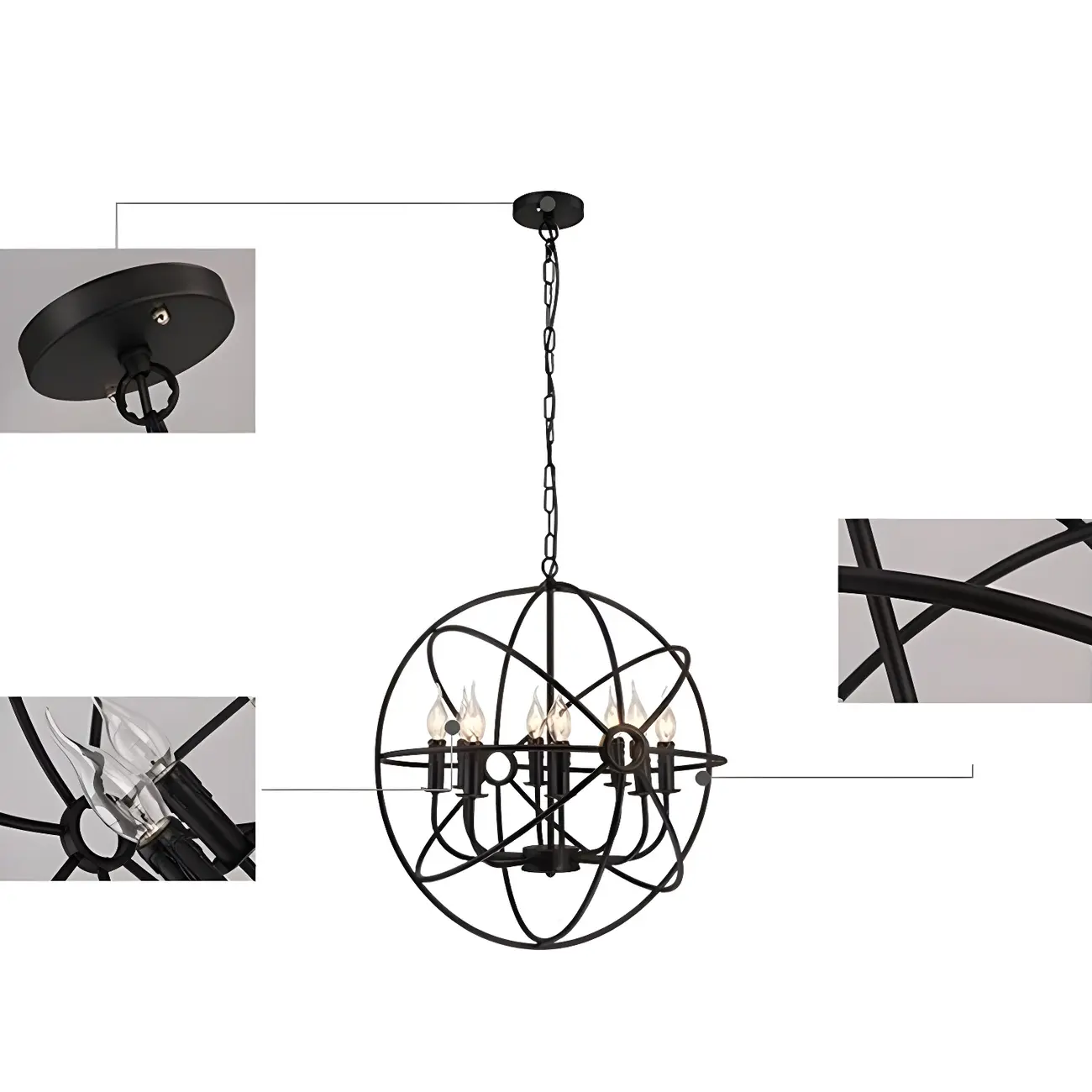 Industrial Black Metal Globe Caged Candelabra Chandelier