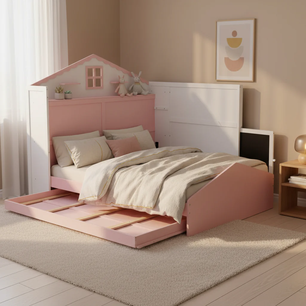 Wood Full Size House Murphy Bed with USB, Storage Shelves and Blackboard, Pink+White