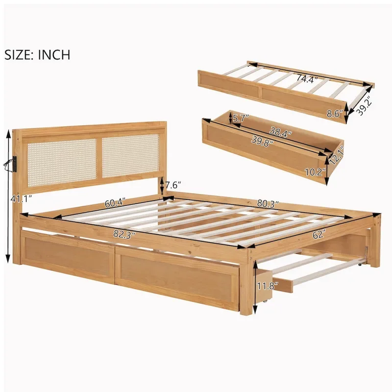 Elegant Bed Frame with Rattan Headboard and Sockets