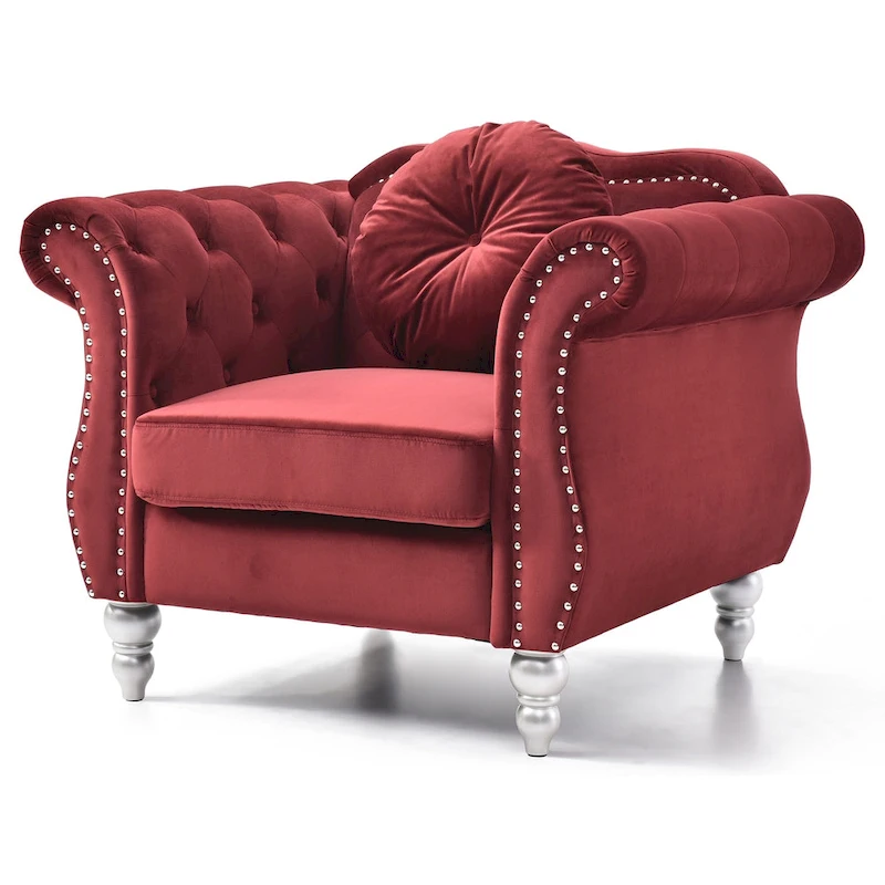 Hollywood Chesterfield Tufted Velvet Accent Chair with Round Throw Pillow - 39L x 35W x 34H