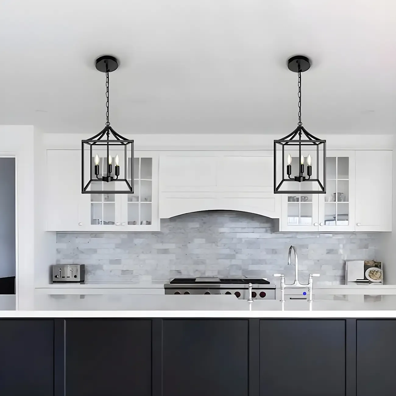 Industrial Black Metal Square Caged Kitchen Pendant Chandelier