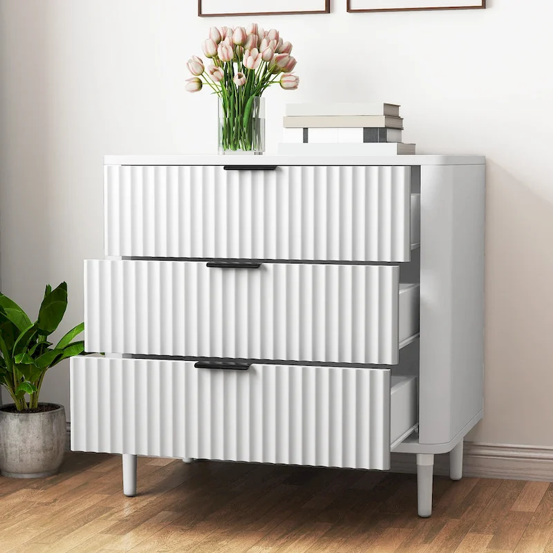 Moasis Modern Fluted 3-Drawer Dresser Chest of Drawers Natural Oak