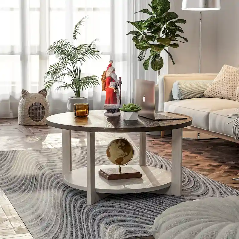 COZAYH Farmhouse Coffee Table with Storage Shelf, Rustic Round Country Accent Table with Stunning Radial Pattern, End table