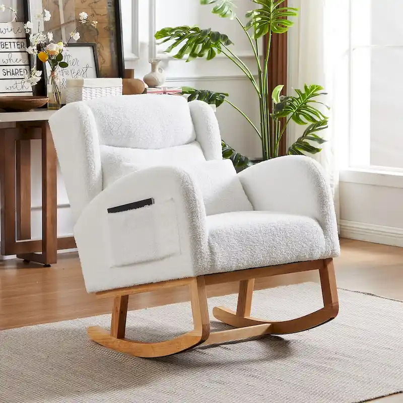 Modern Accent High Backrest Living Room Lounge Arm Rocking Chair, Two Side Pocket