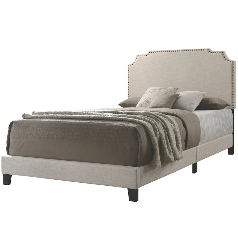 Modern Design Beige Upholstered Bed with Nailhead Trim