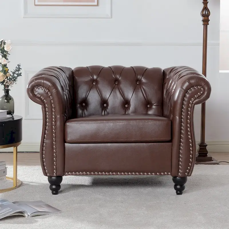 Dark Brown Tufted Faux Leather Accent Chair for 1