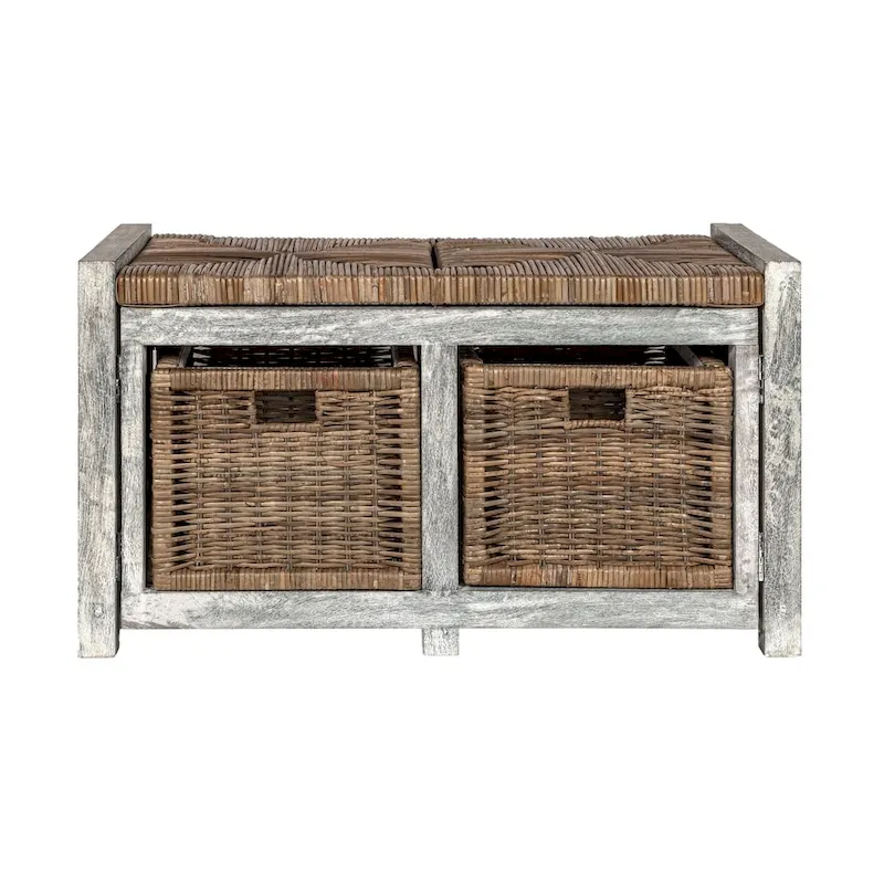 happimess Rustic 30 2 Drawer Wicker Storage Bench, Gray