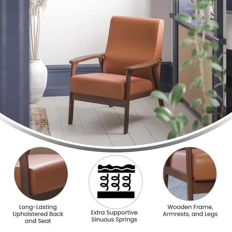 Mid-Century  Armchair with Wooden Frame and Faux Leather Cushions