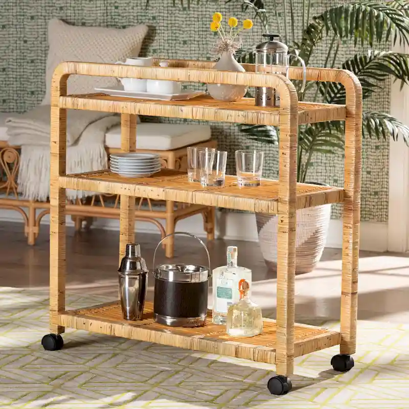 Delphine Modern Bohemian Natural Rattan Kitchen Cart