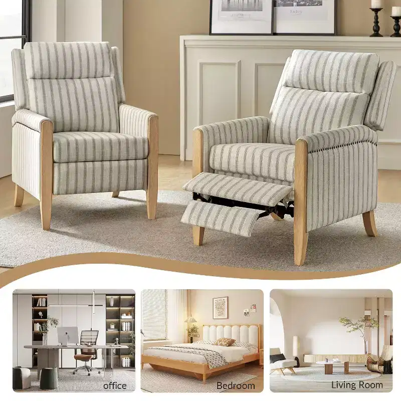 Upholstered Push Back Recliner, Set of 2 — Beige / Blue / Grey / Stripe
