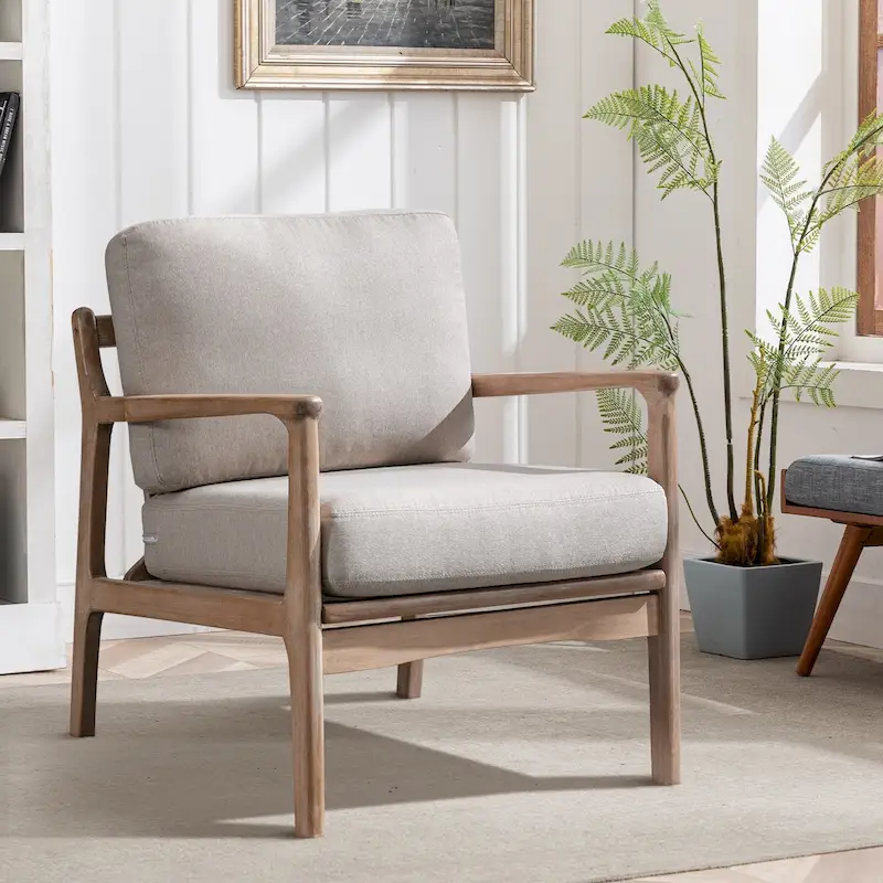 Mid Century Modern Accent Chair with Solid Wood Frame & Removable Cushions