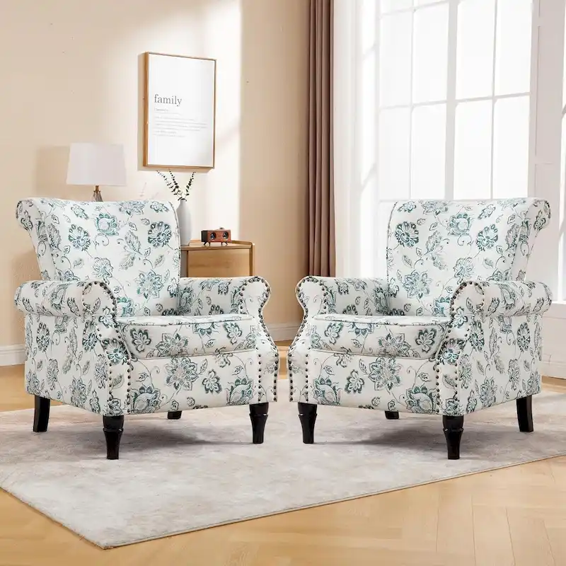 HOMYKA Floral Upholstered Accent Rolled ArmChair With Nailhead Trim Set of 2