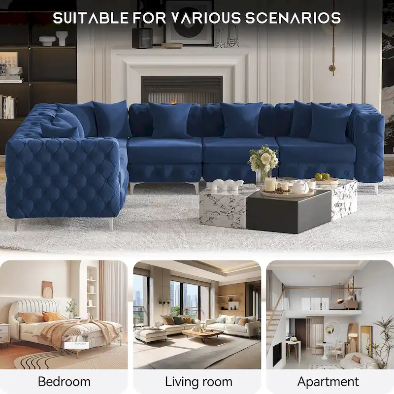 Large L-Shaped Modular Sofa, 6-Seat Velvet Sectional Couch