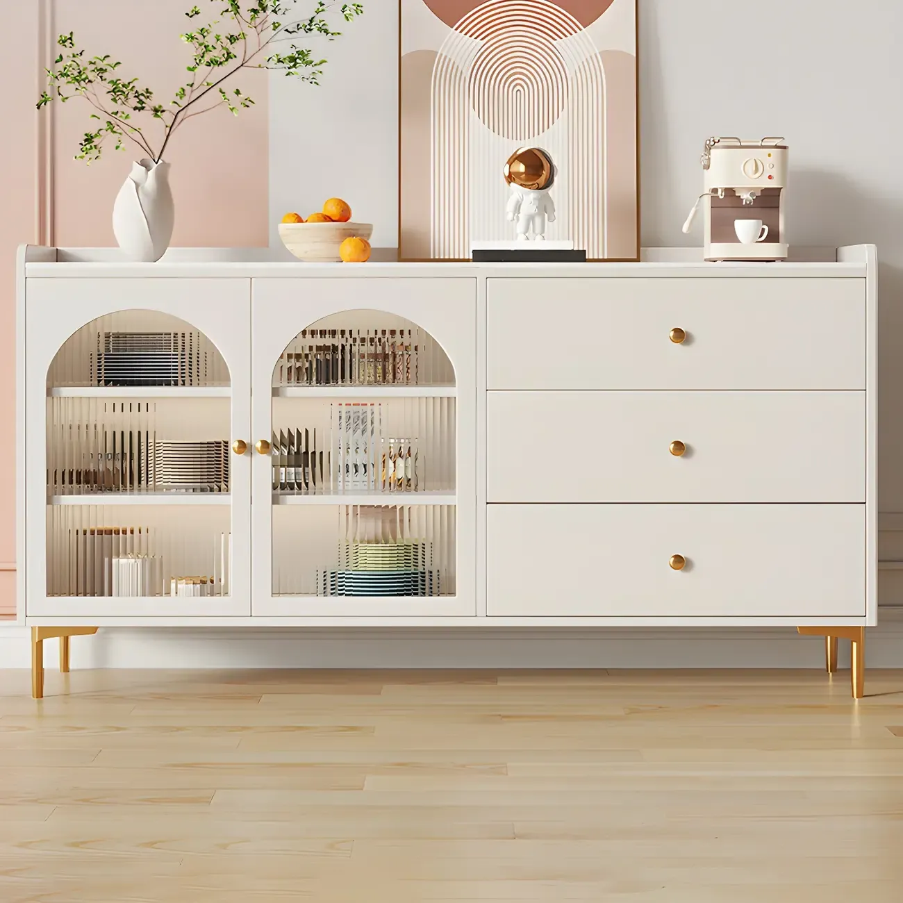 Glam White Wooden Buffet Table with Drawers & Shelves