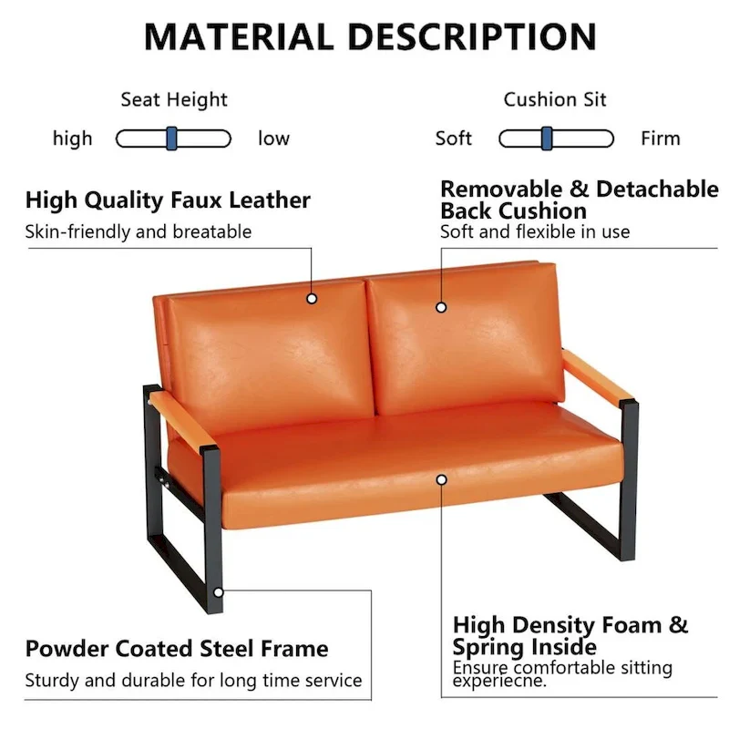 Mid-Century Style Faux Leather Loveseat Sofa with Steel Frame