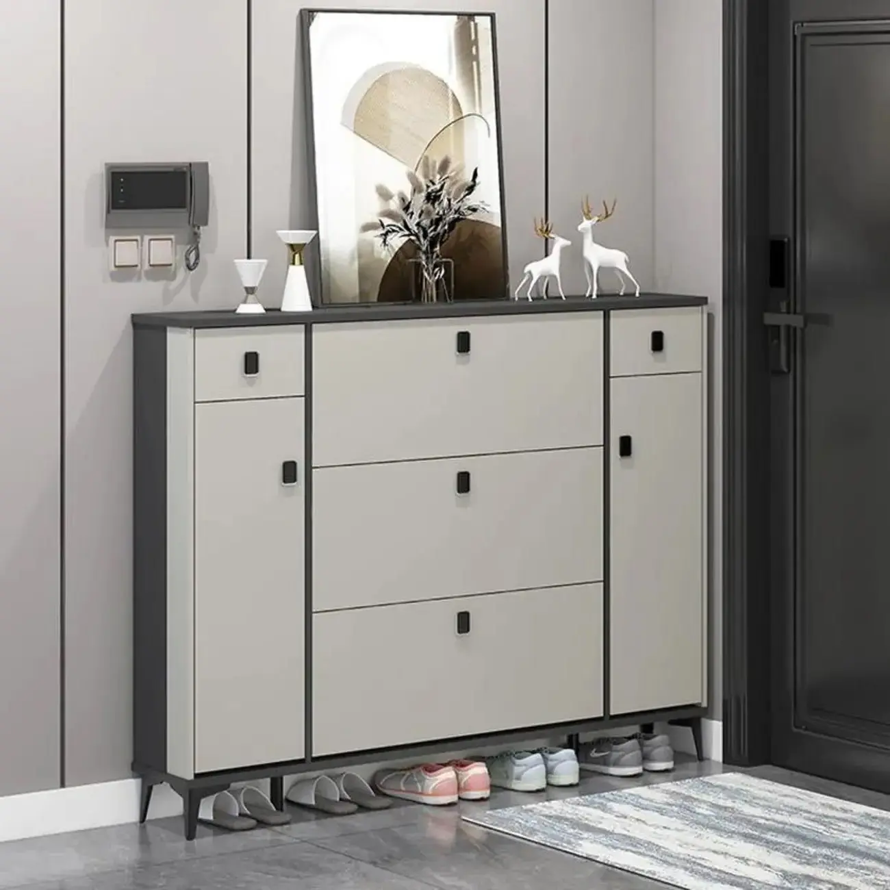 Narrow Black-White Solid Wood Drop Front Shoe Cabinet