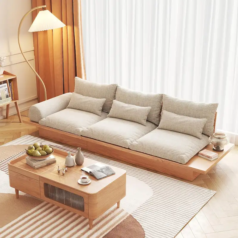 JASIWAY Cotton Line Beige Sofa With Wood Frame