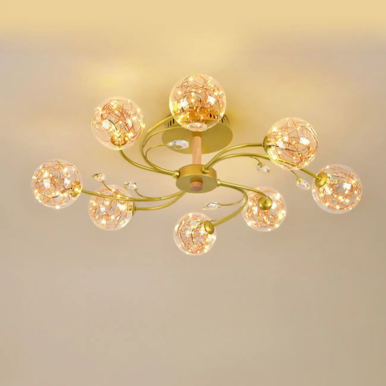 Crystal Globe Shade Gold Semi Flush Mount Light 3-Gear Dimming