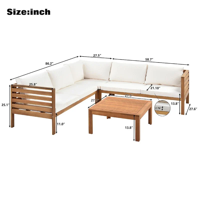4-Piece Acacia Wood L-Shaped Sectional Sofa Set with Table