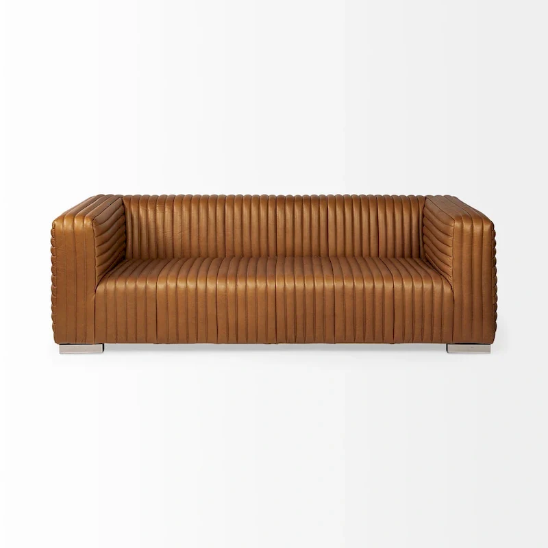 Ricciardo Cognac Genuine Leather Wrapped Sofa - 86.6L x 38.6W x 26.4H