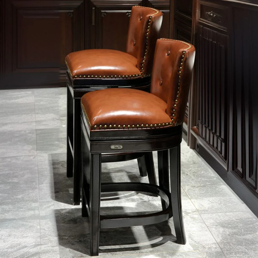Solid Wood Genuine Leather Swivel Bar Stool
