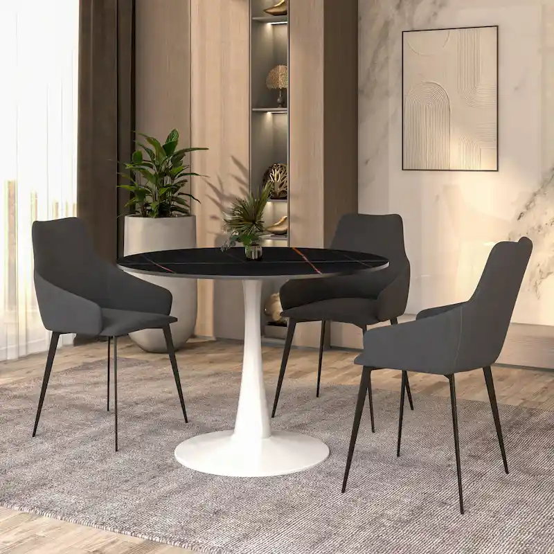 40 Round Dining Table for 4 with Sintered Stone Tabletop in White Base for Kitchen & Dining Room