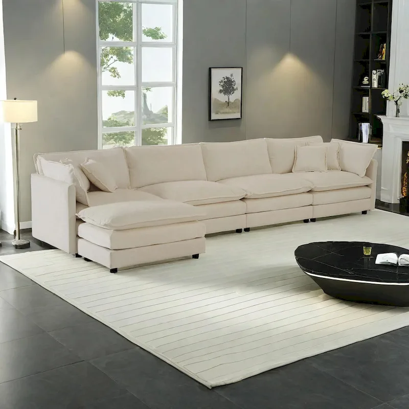 5-Piece Modular Chenille Upholstered L-Shaped Sectional Sofa with Ottoman