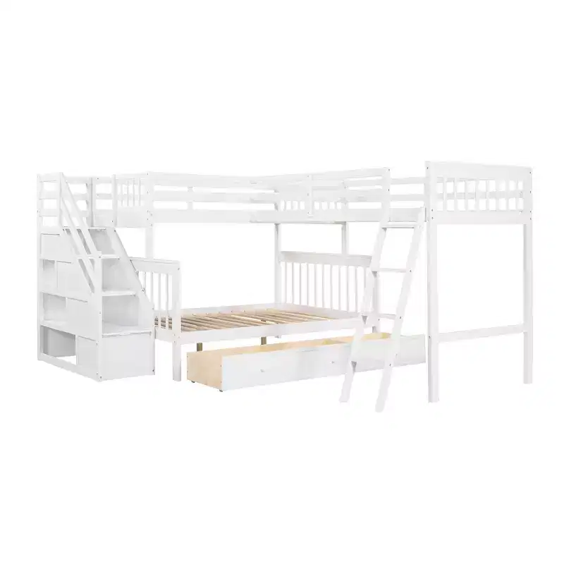 Stylish Design Twin over Full L-Shaped Bunk Bed With 3 Drawers, Ladder and Staircase