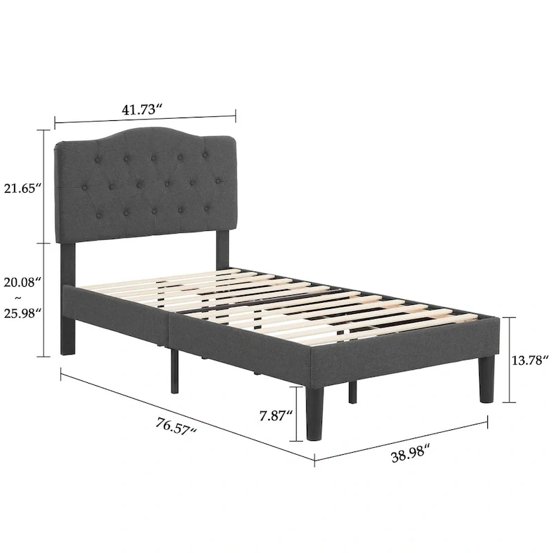 VECELO Modern Upholstered Bed with Height Adjustable Tufted Headboard ,Dark Grey