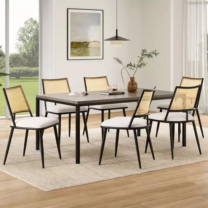 PexFix 2Pcs Dining Chairs Mid-Century Modern Kitchen Chairs with Rattan Backrest & Metal Frame Boucle Upholstered Accent Chairs White