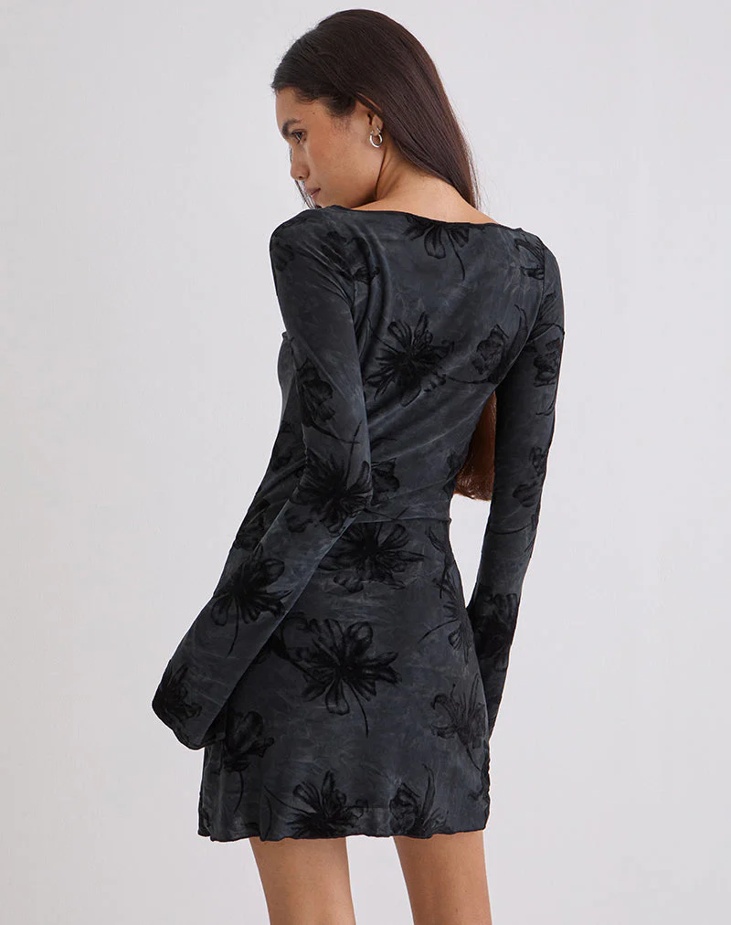 Sevila Long Sleeve Mini Dress in Burnout Velvet Grey