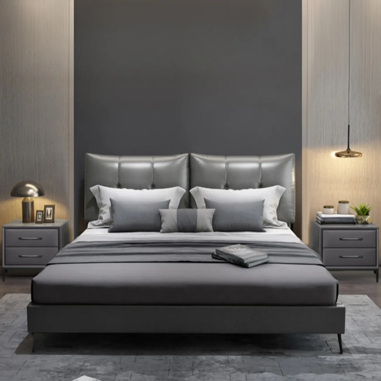 Trendy Leather Wooden 2-Drawer Nightstand with Metal Legs