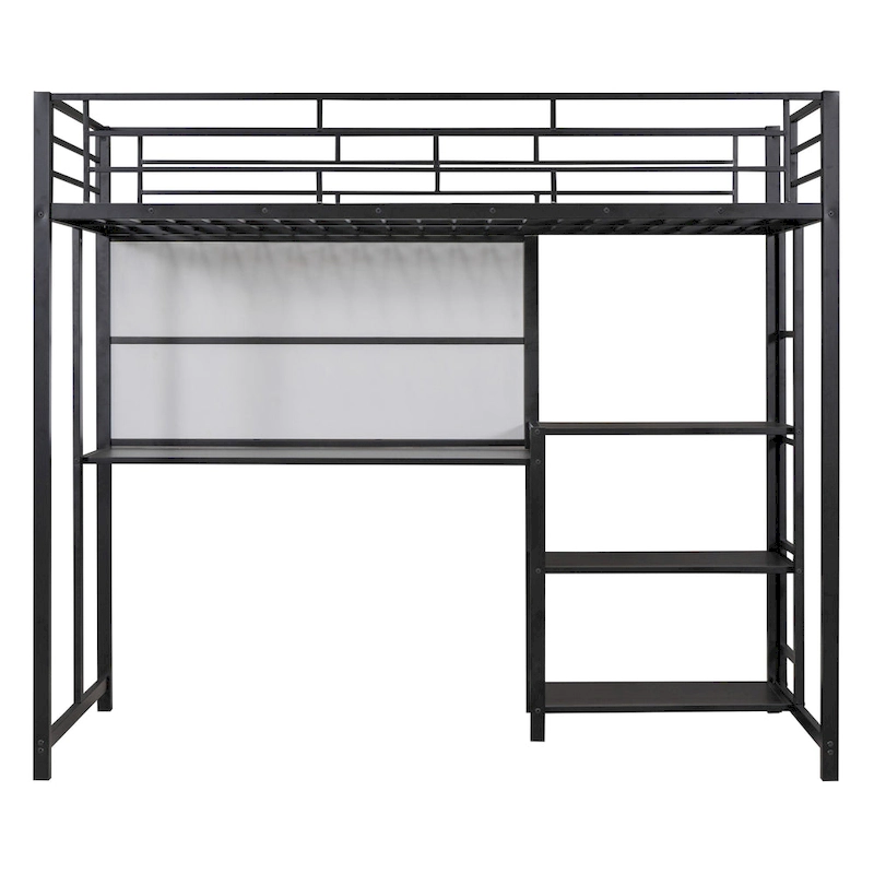 Metal Loft Bed with 3 Shelves and Ladder