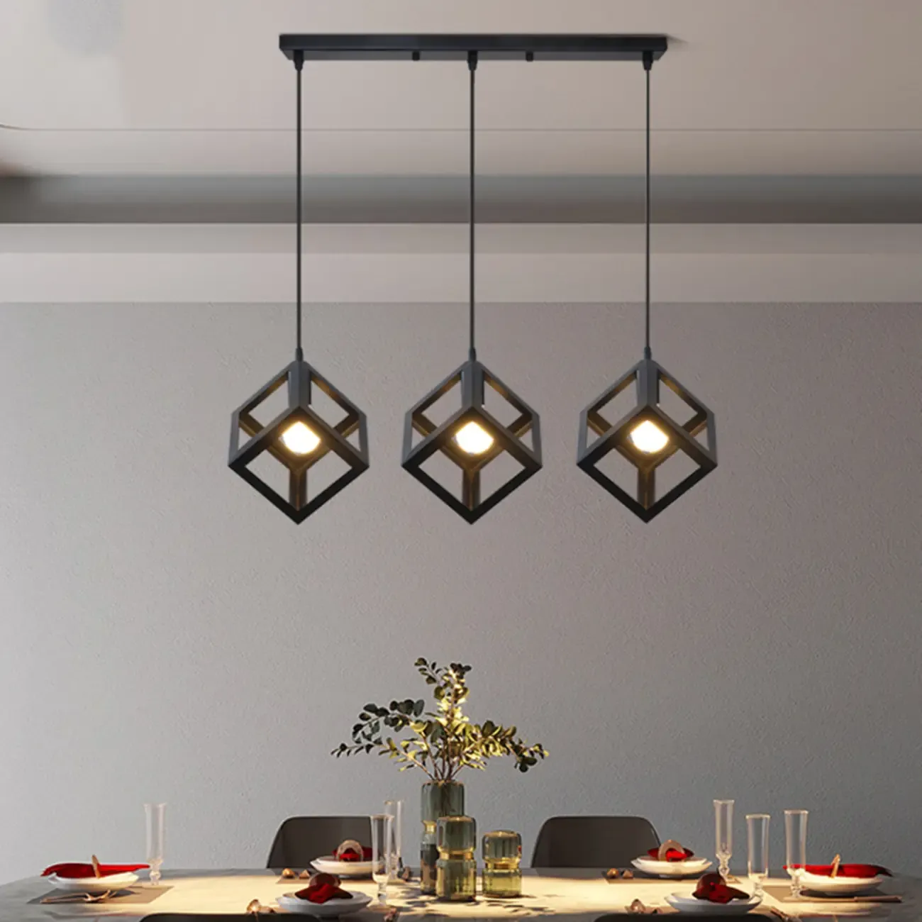 Industrial Black Metal Geometric Island Pendant Light