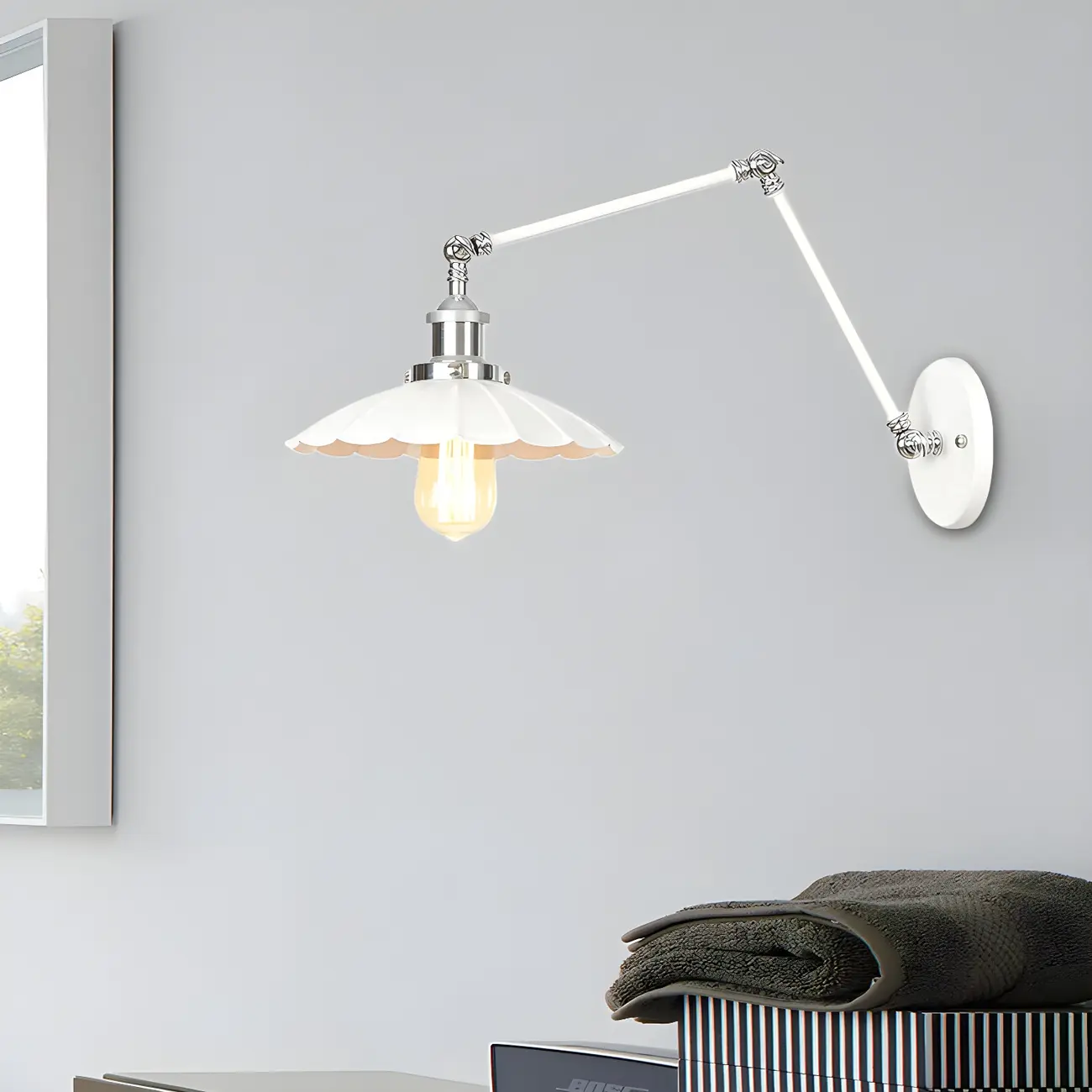 White Metal Adjustable Swing Arm Wall Light with Different Shade