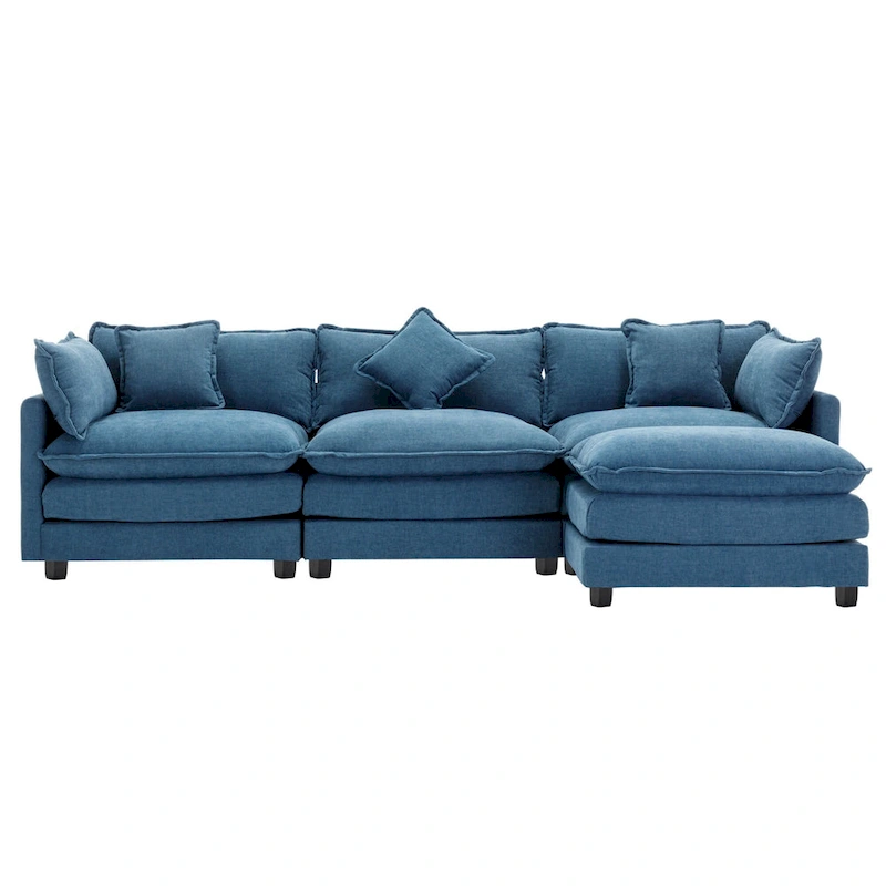 Blue 112.2 Modern L-Shaped 4-Seat Sectional Sofa with Removable Ottoman, 5 Plush Pillows, and Sturdy Construction