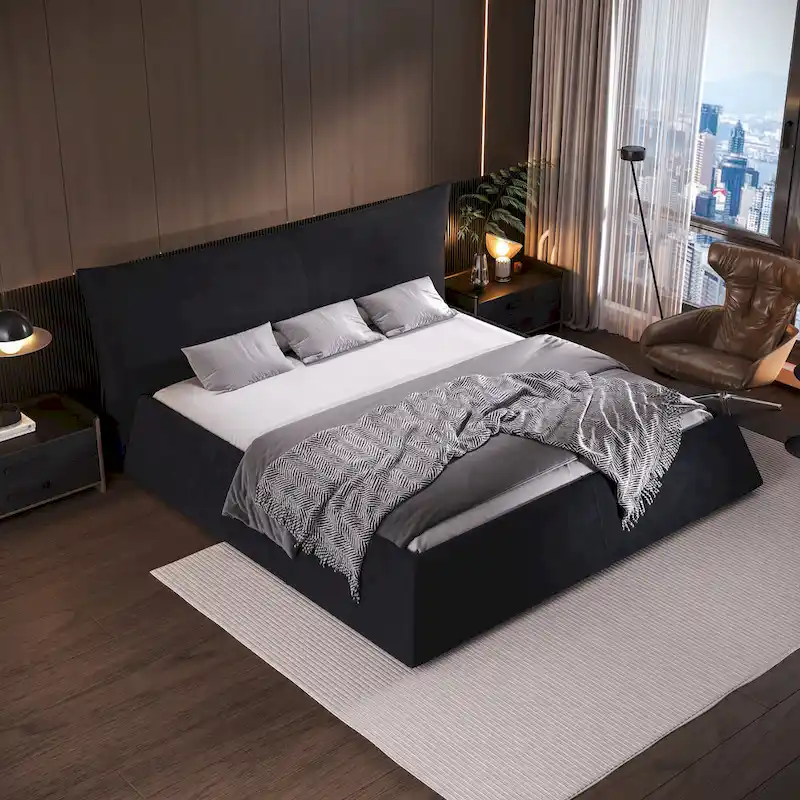 King Size Velvet Upholstered Platform Bed Frame with Soft Padded Headboard
