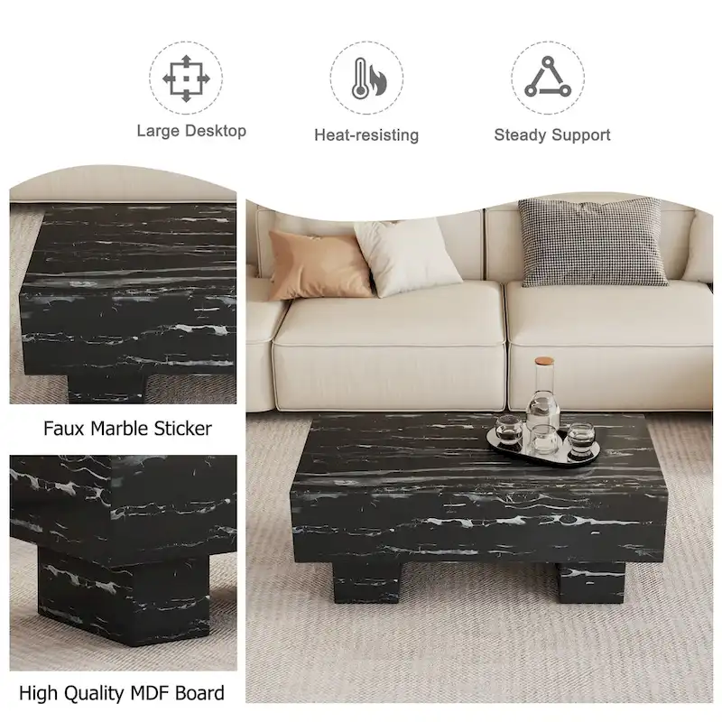 43.3 MDF Coffee Table with Black Marble Texture and 300lbs Weight Capacity