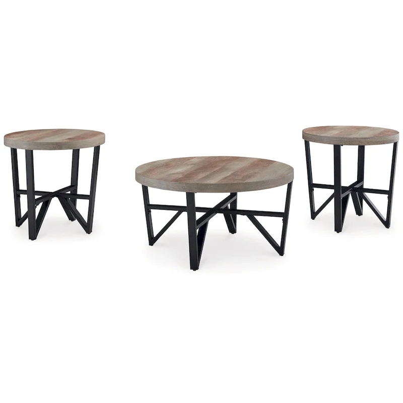 3-Piece Coffee and End Table Set - Brown Wood Round Top with Black Angular Base