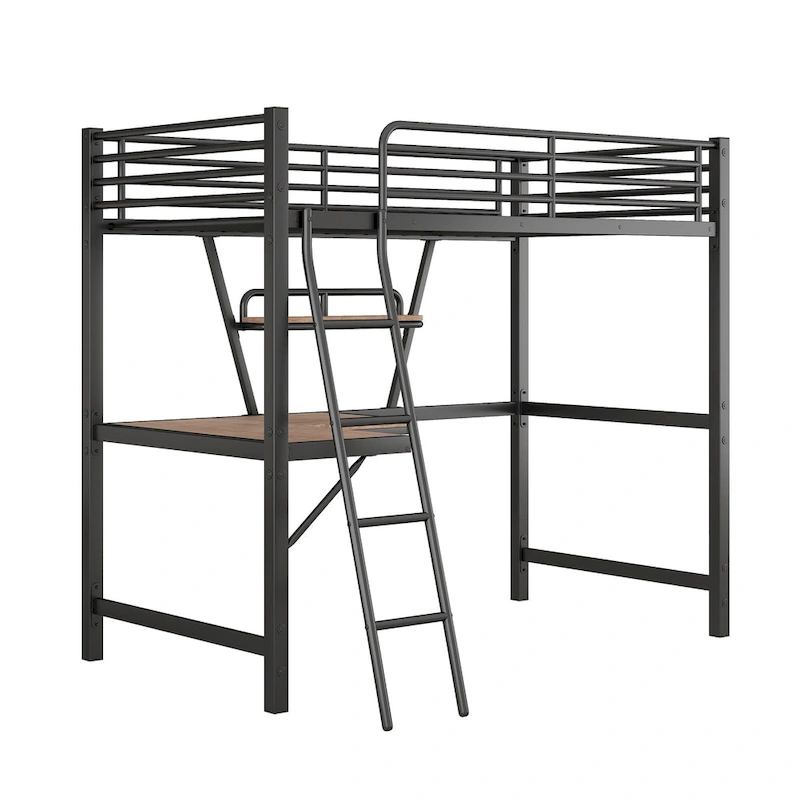 Metal Loft Bed with Integrated Desk, Shelf, and Full-Length Guardrail