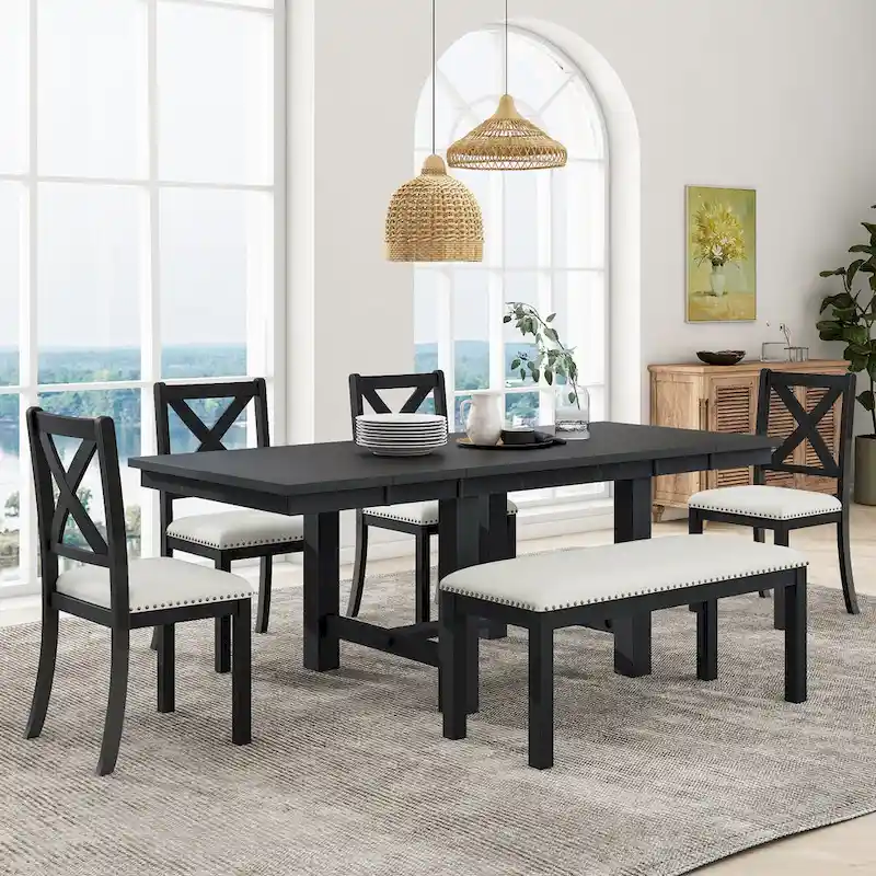 6-Piece Wooden Dining Table Set with Extendable Table & 4 Chairs & Bench
