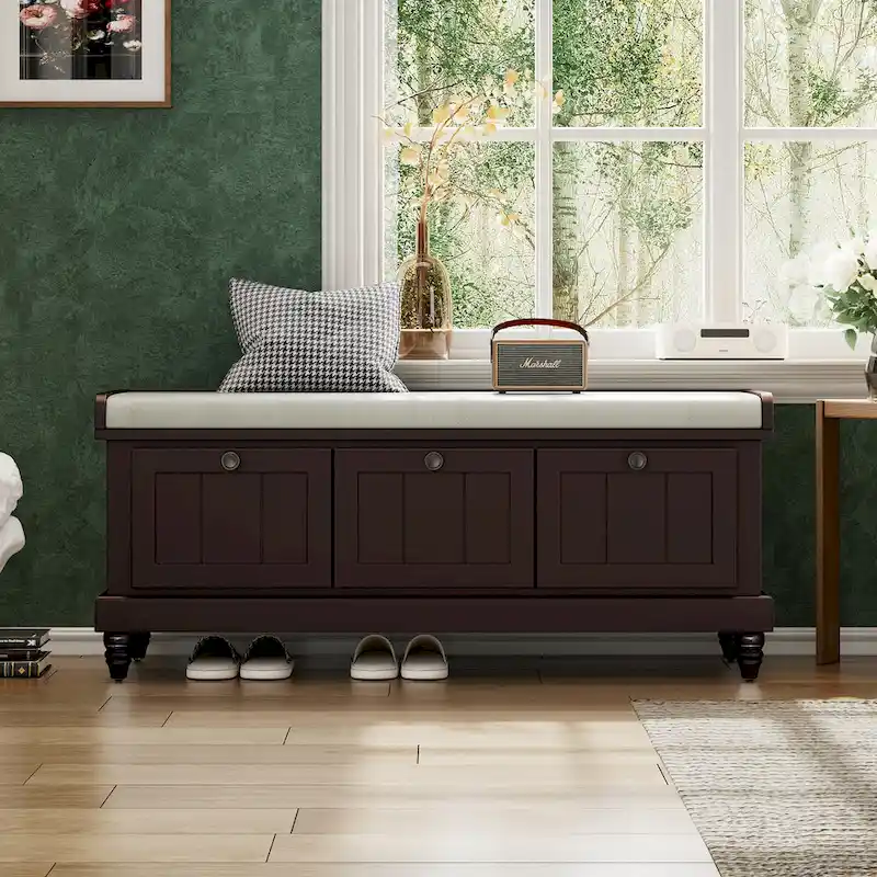 Classic Fluted Shoe Bench with Cushion & 3 Drawers