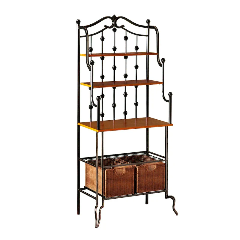 Black Baker's Rack with 2 Rattan Baskets, Wire Shelf and Oak Finish Shelves – Single Unit
