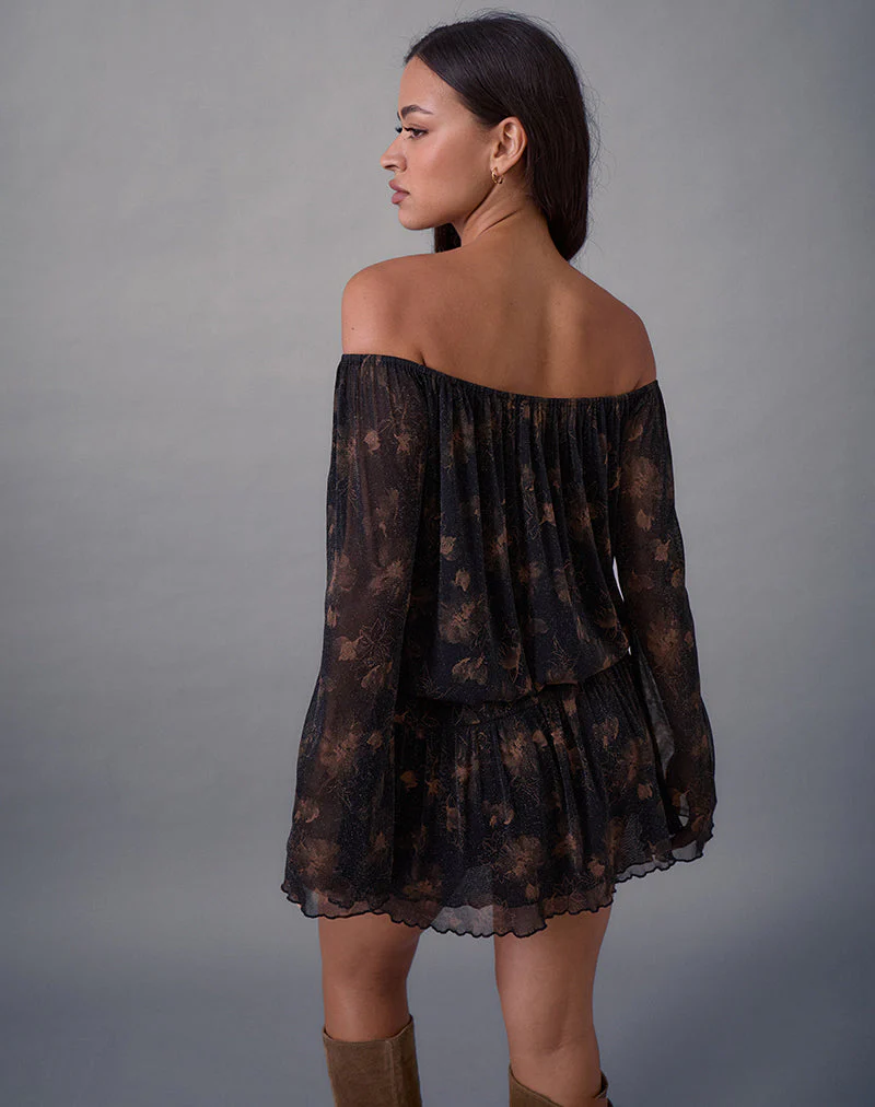 Nisha Long Sleeve Mini Dress in Black with Bronze Shimmer