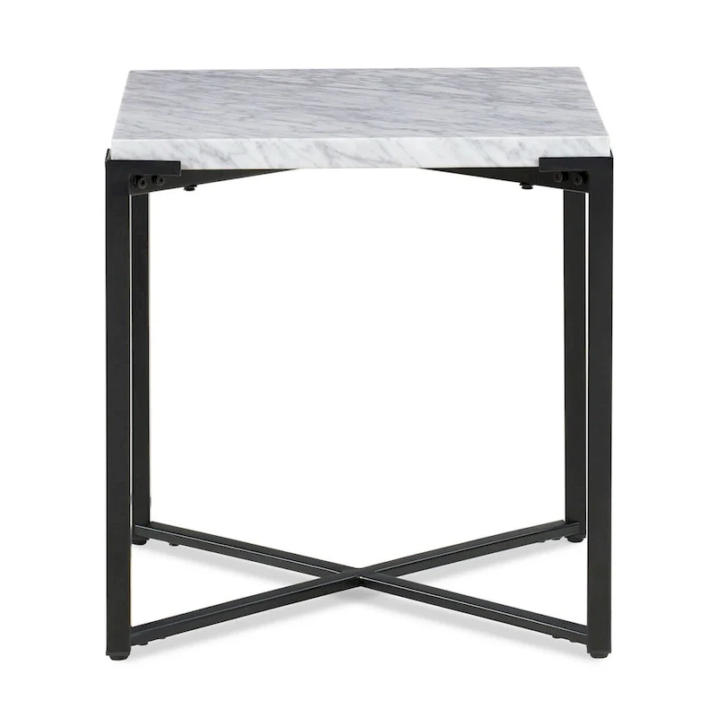 20 Inch Modern Side End Table, Carrara Marble Top, Steel Frame, Smooth Gray