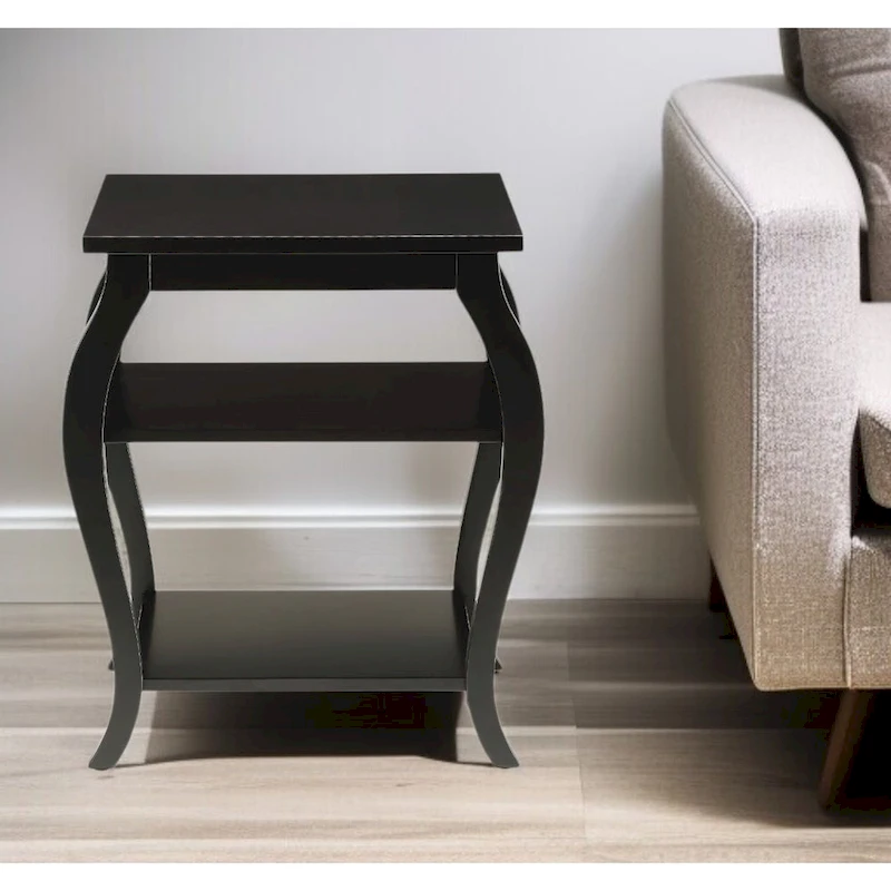 HomeRoots 23 Black Wood Bow Leg End Table With Two Shelves - 20 W x 18 D x 23 H