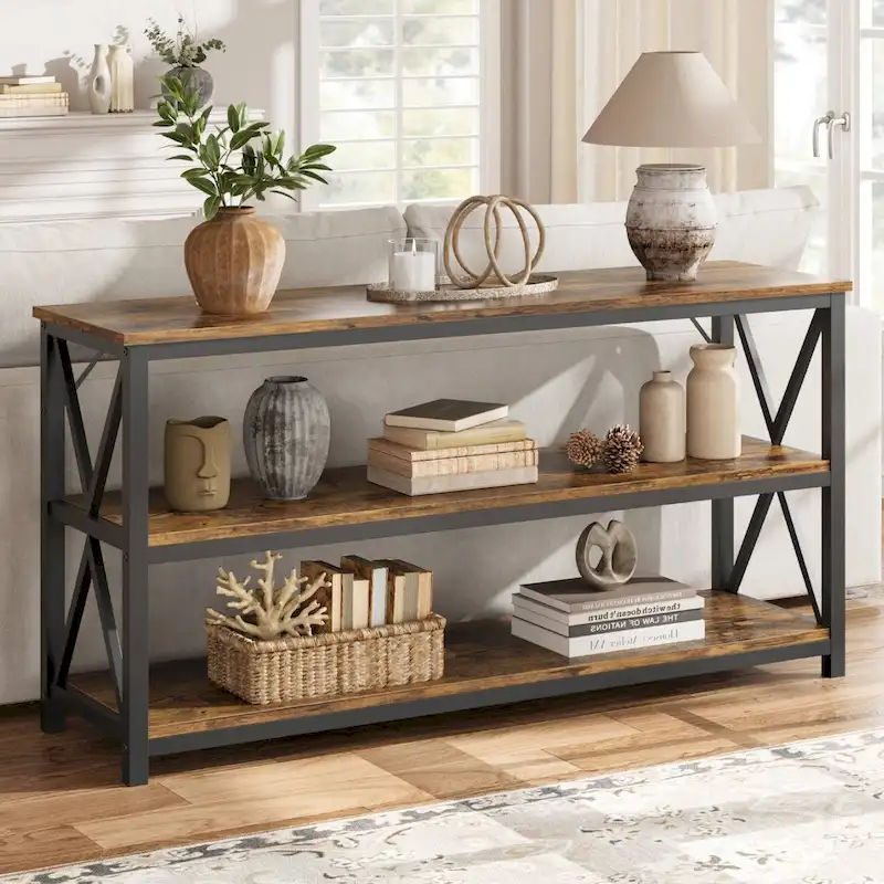 55 3 Tier Narrow Entryway Table, Console Table with Metal Frame